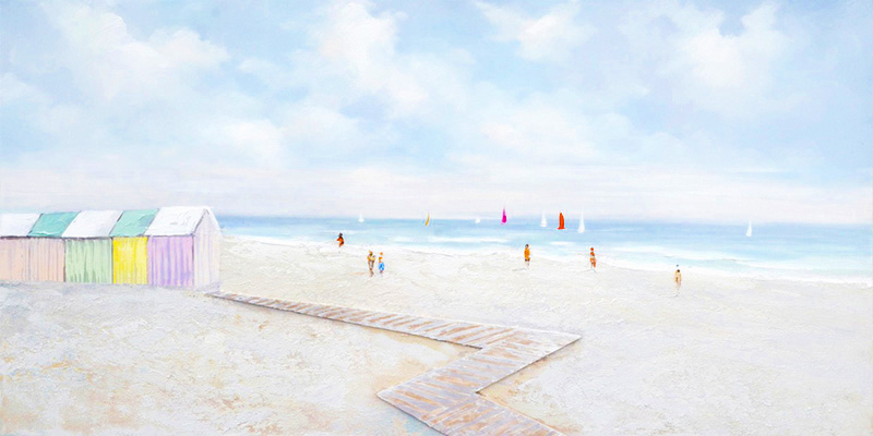 PXFC318 Wall décor art oil on canvas nautical beach with changerooms colourful